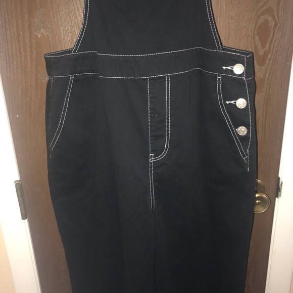 Wide Legged Black Overalls with Button Detail and White‎ Stitching - Picture 4 of 14
